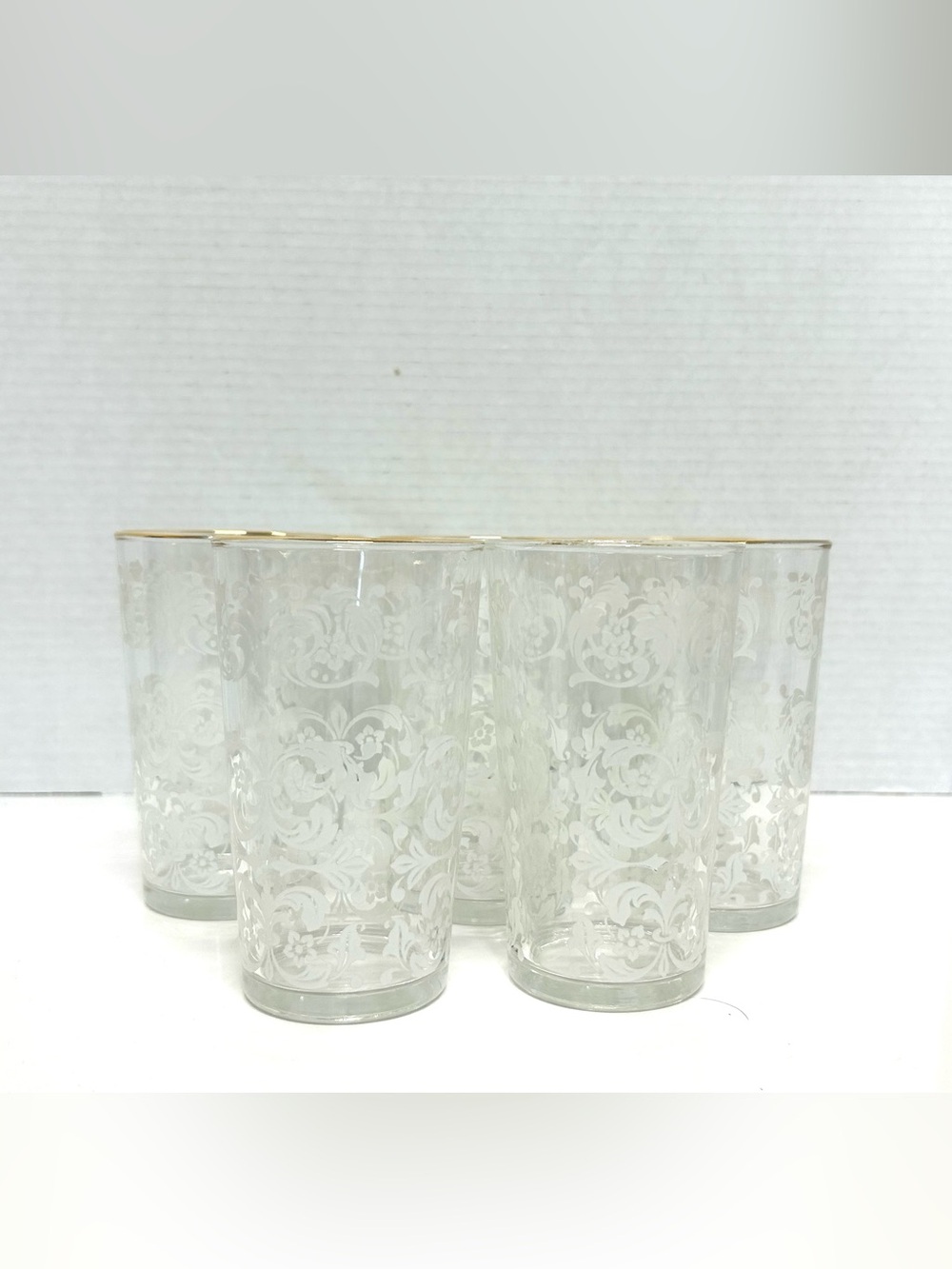 Vintage Mid Century White Lacy Glass Tumblers Gold Rim Set of 8